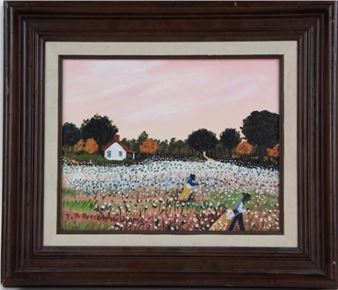 A framed painting of a rural harvest scene with figures in a field under a pink sky.