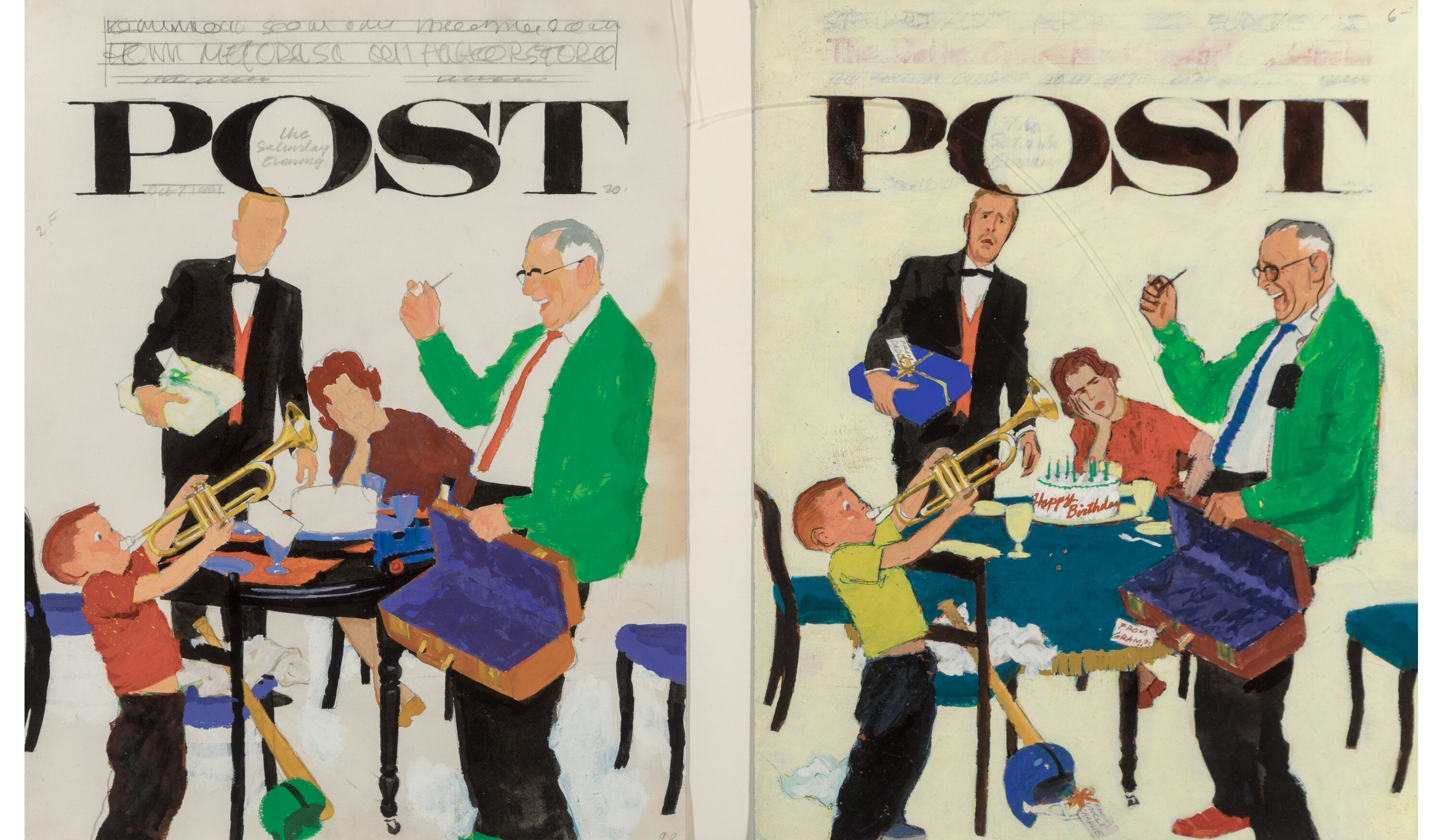 Artwork by Richard Sargent, Young Boy's Birthday Party, The Saturday Evening Post cover studies, Made of Pencil, gouache and ink on paper