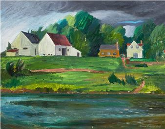 A vibrant landscape painting of rural buildings beside a river under a dramatic sky.