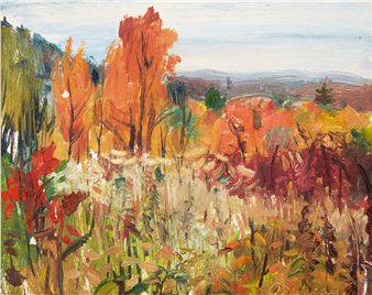 A vibrant landscape painting of an autumn forest with bold, expressive brushwork.