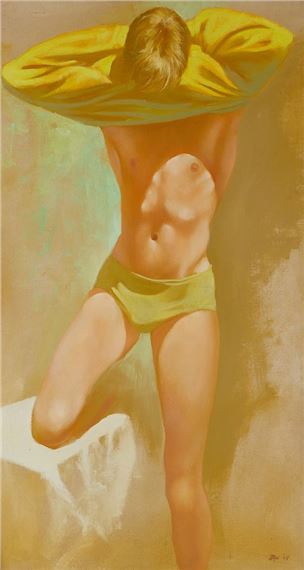 Painting depicting a young man undressing, by Robert R. Bliss, 1968