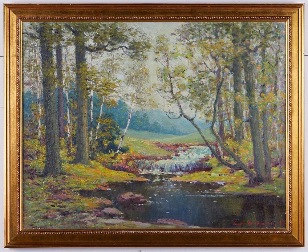 Artwork by Carl Wendell Rawson, Landscape, depicting Minnehaha Creek running through the woods, Made of Oil on canvas