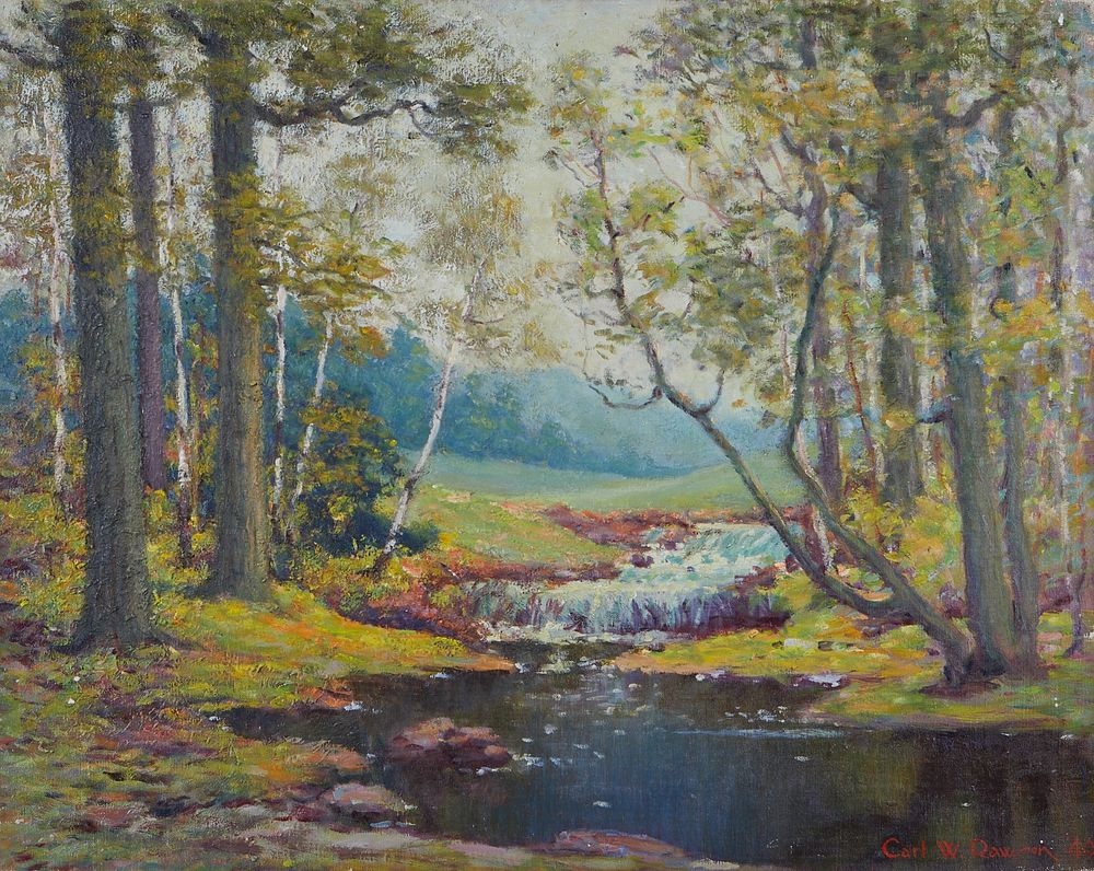 Artwork by Carl Wendell Rawson, Landscape, depicting Minnehaha Creek running through the woods, Made of Oil on canvas