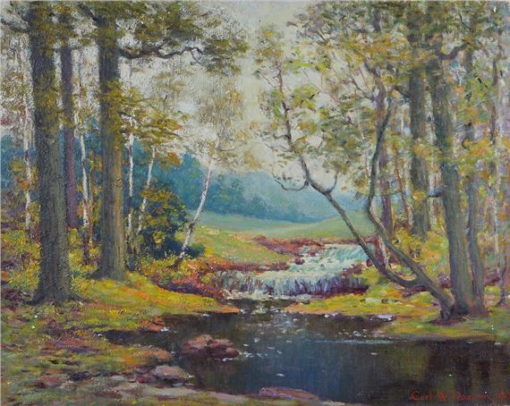 Landscape, depicting Minnehaha Creek running through the woods by Carl Wendell Rawson, dated 1949