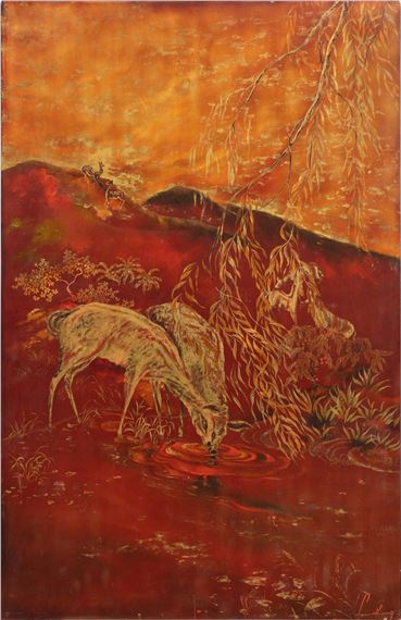 Deers drinking water in the forest by Le Thy, Executed circa late 1940s