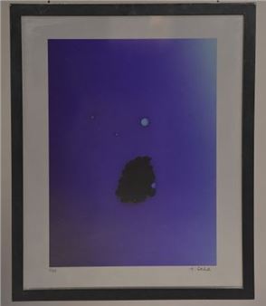 An abstract composition featuring a dark organic shape against a gradient purple field with floating spheres.