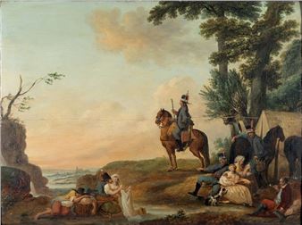 Un grenadier faisant voir la ville de Coblence / Un détachement de hussards au bivouac - Louis-Joseph Watteau