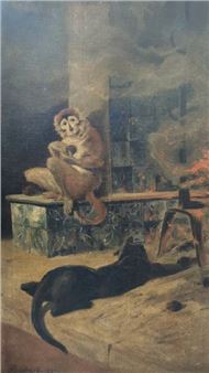 Monkey and cat playing by the fire, 1887 - Ary Gambard