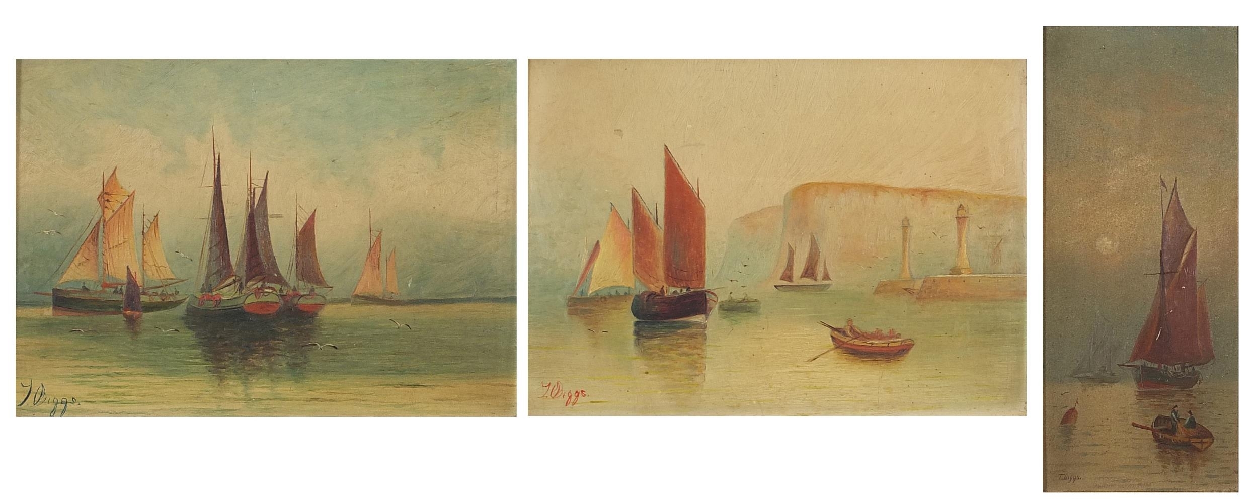 Artwork by T. Biggs, Boats on water before cliffs, Made of oil on boards