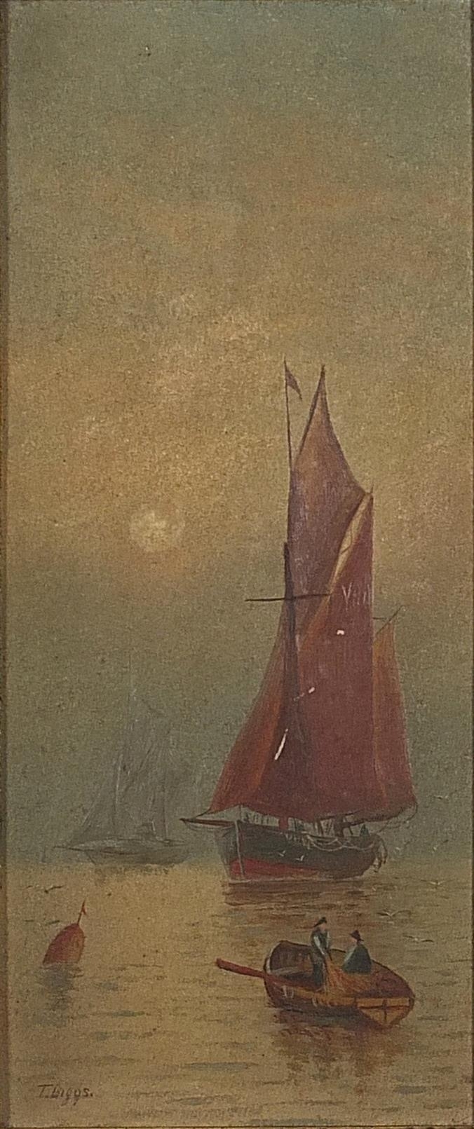 Artwork by T. Biggs, Boats on water before cliffs, Made of oil on boards