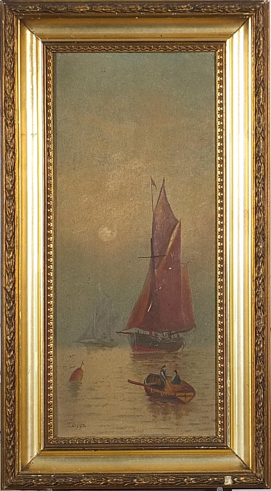Artwork by T. Biggs, Boats on water before cliffs, Made of oil on boards