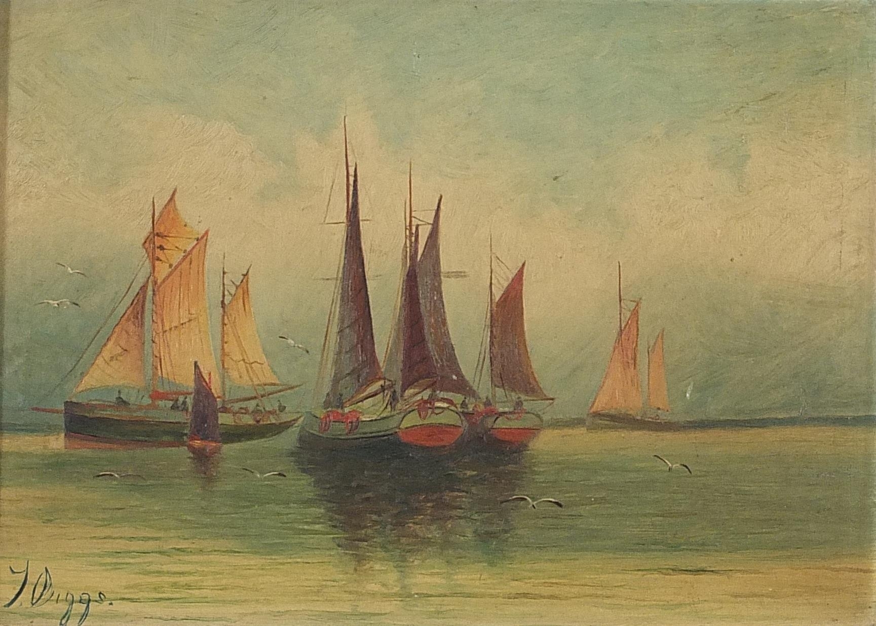 Artwork by T. Biggs, Boats on water before cliffs, Made of oil on boards