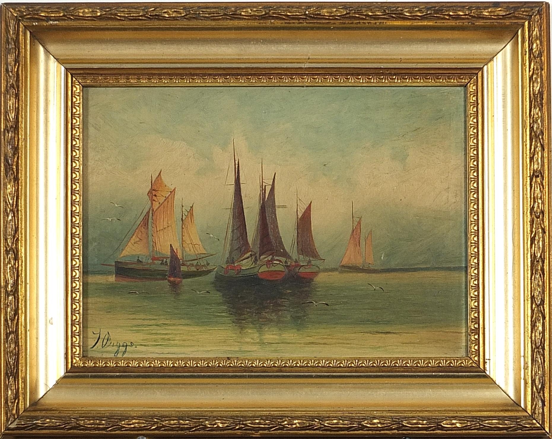 Artwork by T. Biggs, Boats on water before cliffs, Made of oil on boards