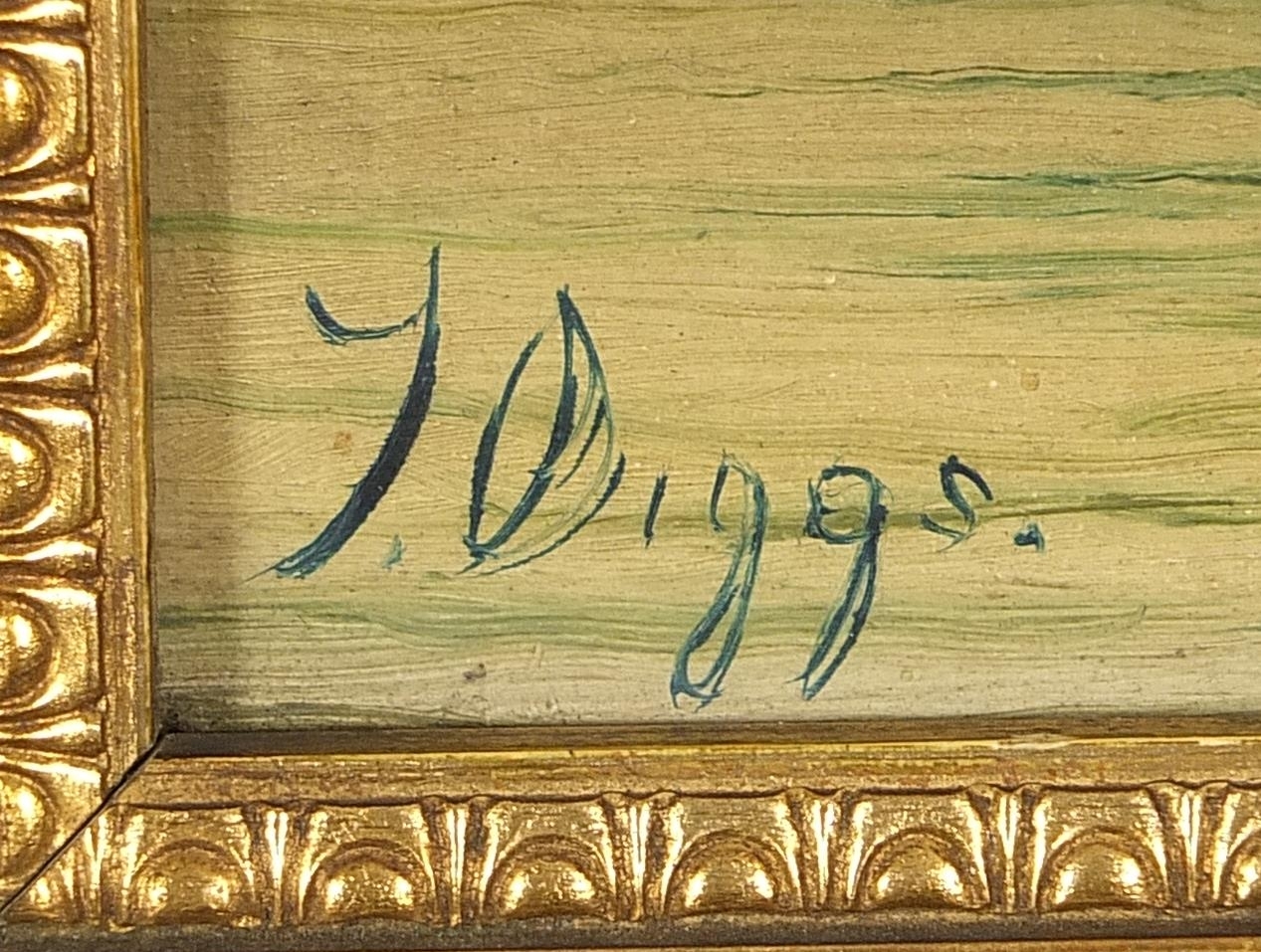 Artwork by T. Biggs, Boats on water before cliffs, Made of oil on boards