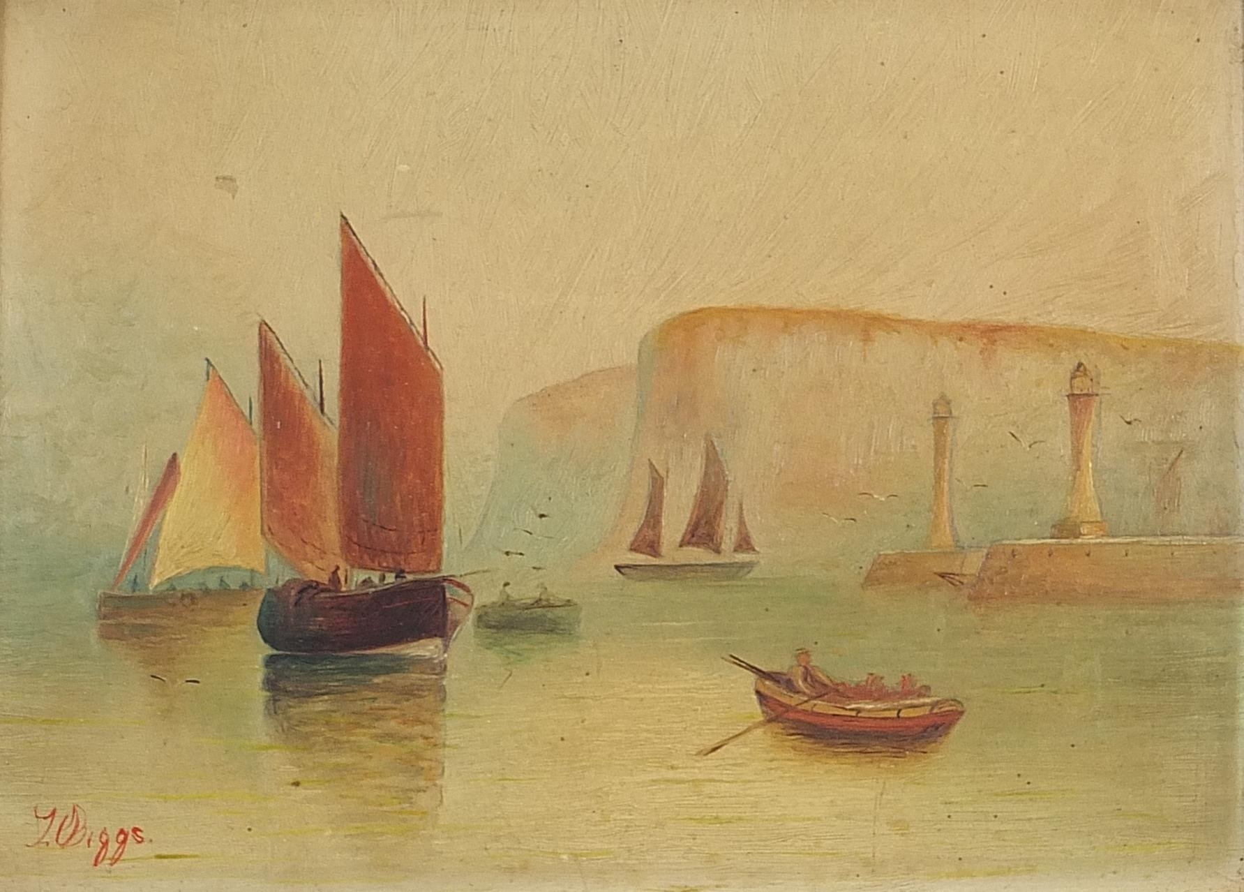 Artwork by T. Biggs, Boats on water before cliffs, Made of oil on boards