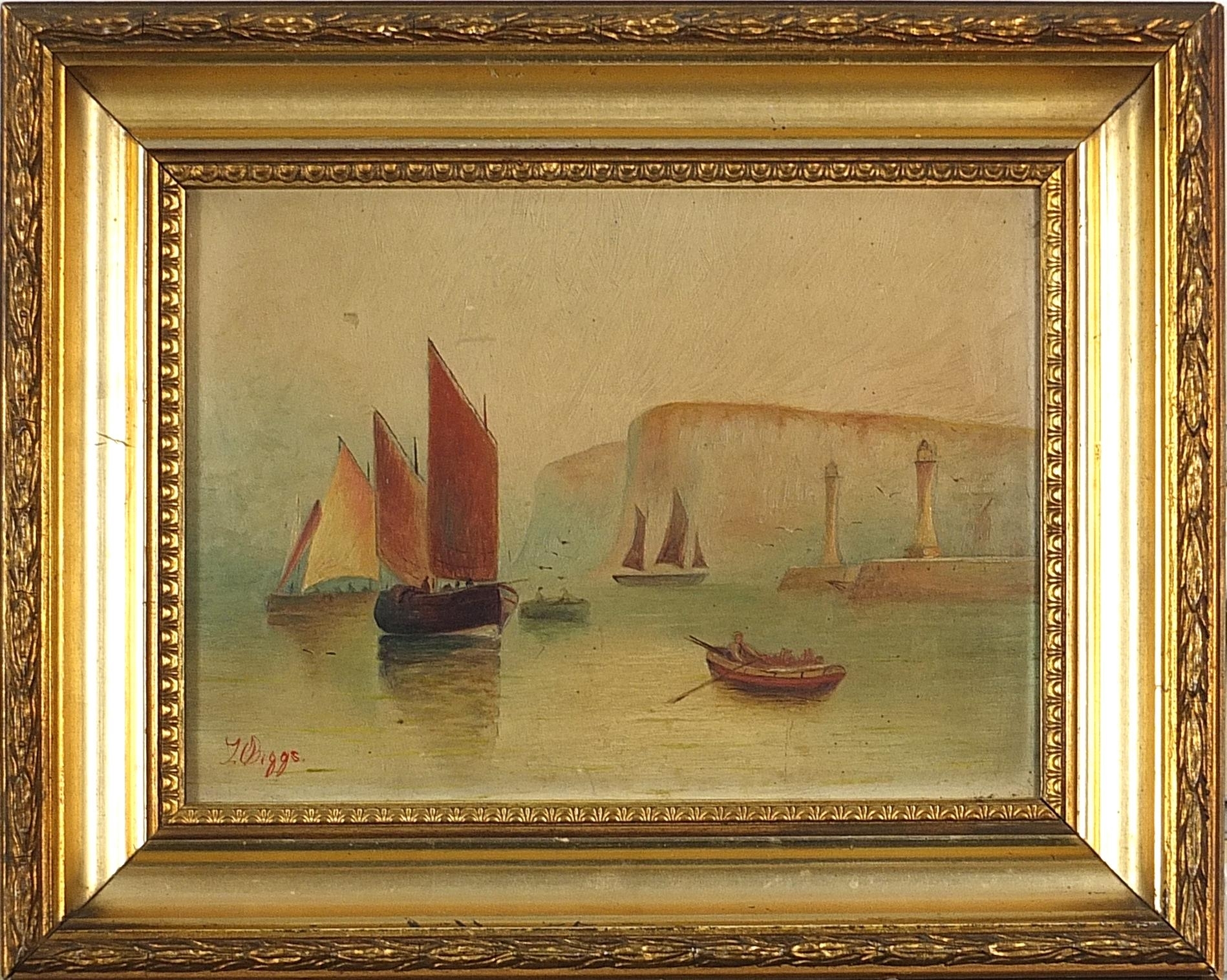 Artwork by T. Biggs, Boats on water before cliffs, Made of oil on boards