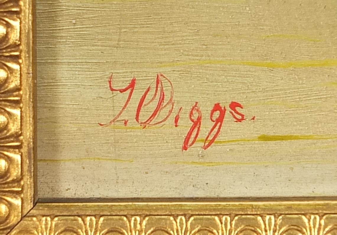 Artwork by T. Biggs, Boats on water before cliffs, Made of oil on boards