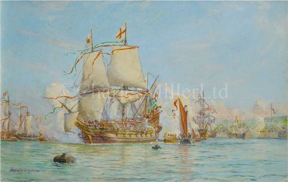Drake in the 'Golden Hinde' arrives at Woolwich after voyage around the world; Untitled by Harold Wyllie