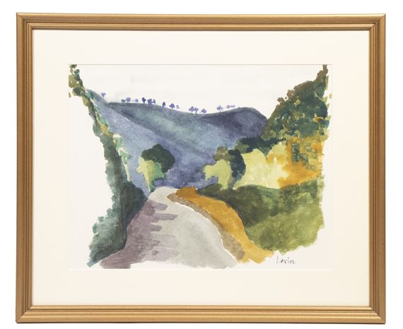 A simple watercolor scene of looking down a road running down a valley - Carol Brent Levin