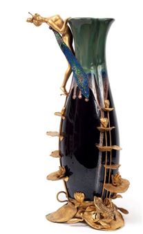 Spindle-shaped ceramic vase with a three-lobed neck, brown and green enamelled cover with dripping decoration. - Paul Francois Louchet