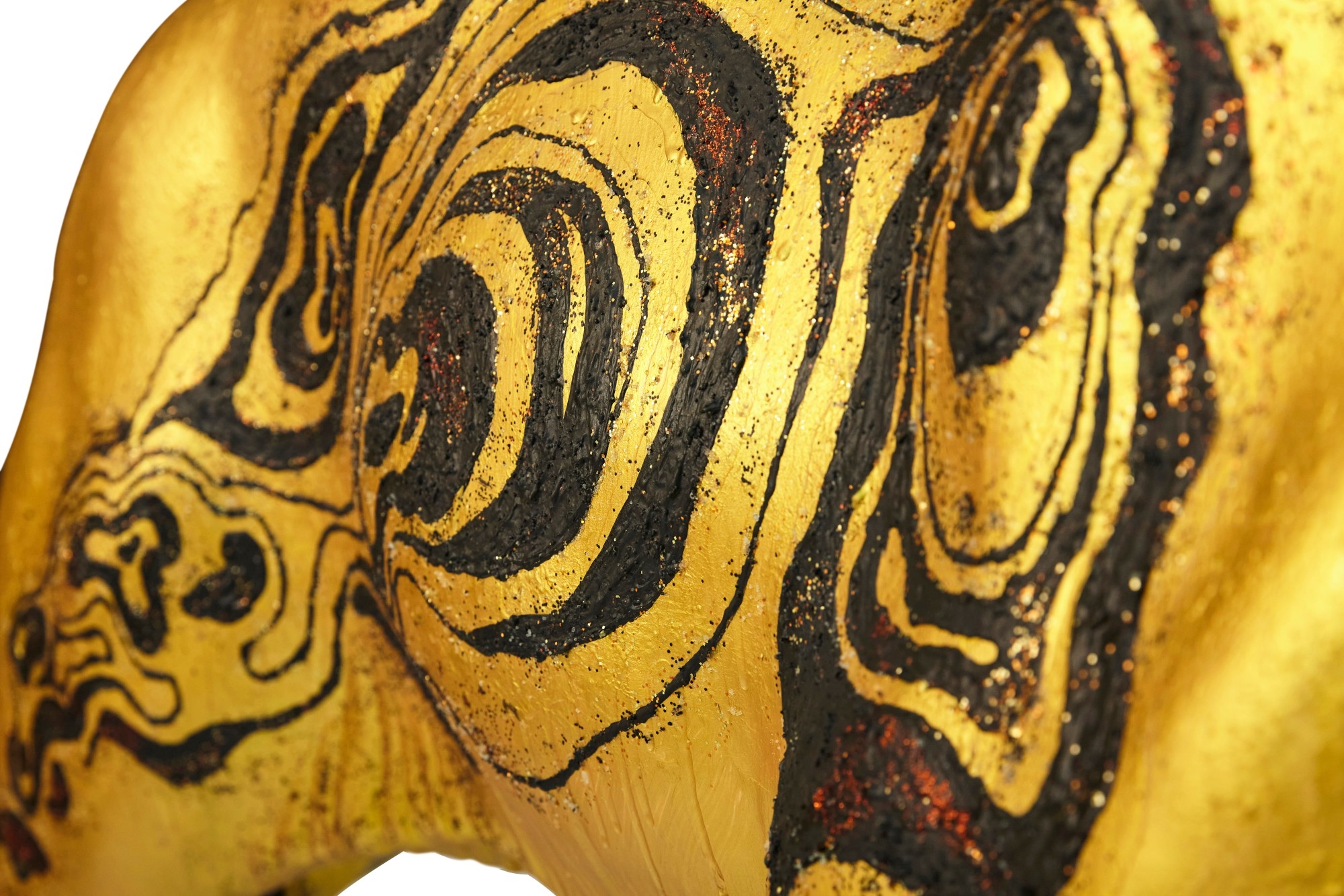 Artwork by Temenggong Artists-In-Residence, Ernest Seah, Cynthie Renata, Nanyang Academy of Fine Art, Tribal Gold, Made of Gold and black paint with red glitter on fiberglass