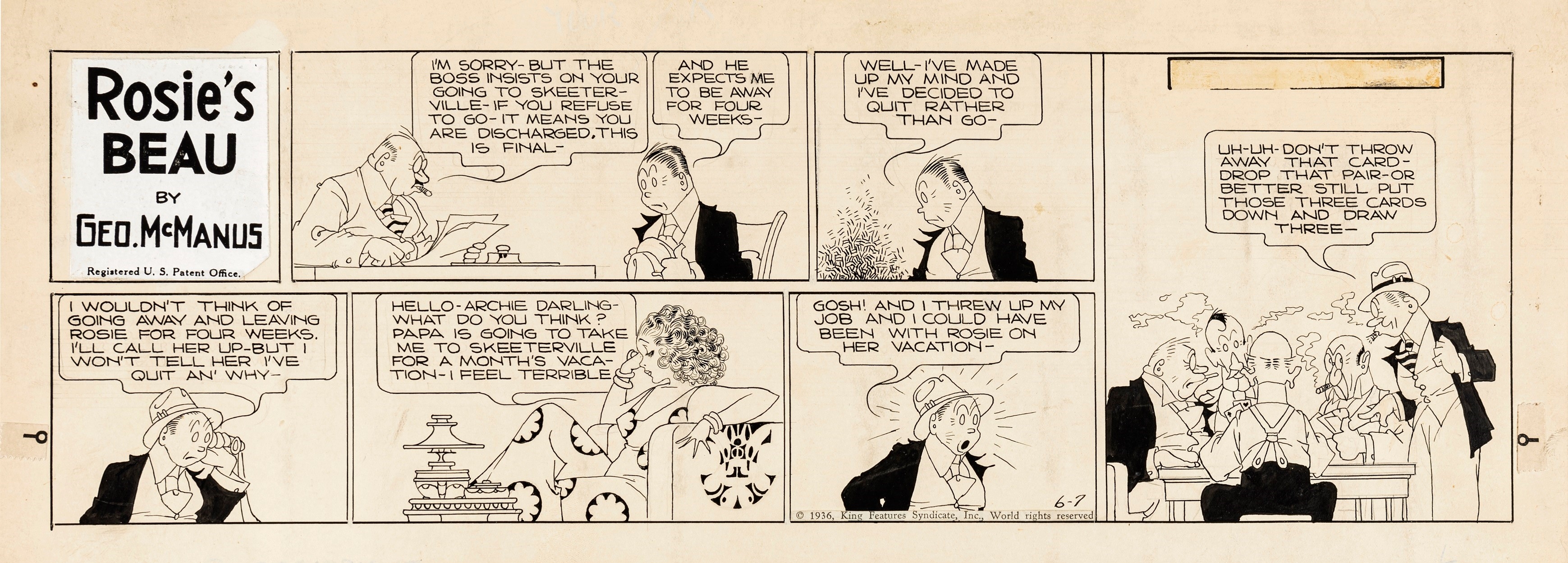 Artwork by George McManus, Rosie's Beau, Made of pencil and ink on thin cardboard