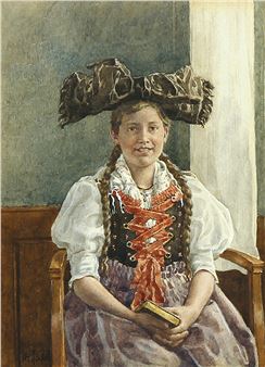 Junge Schwarzwälderin in Tracht mit bunter Schleifenhaube - Heinrich Issel