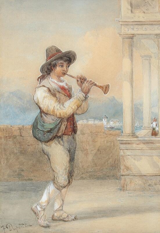 Artwork by J. Dupont, A flute playing Napolitan, Made of Water colour on paper