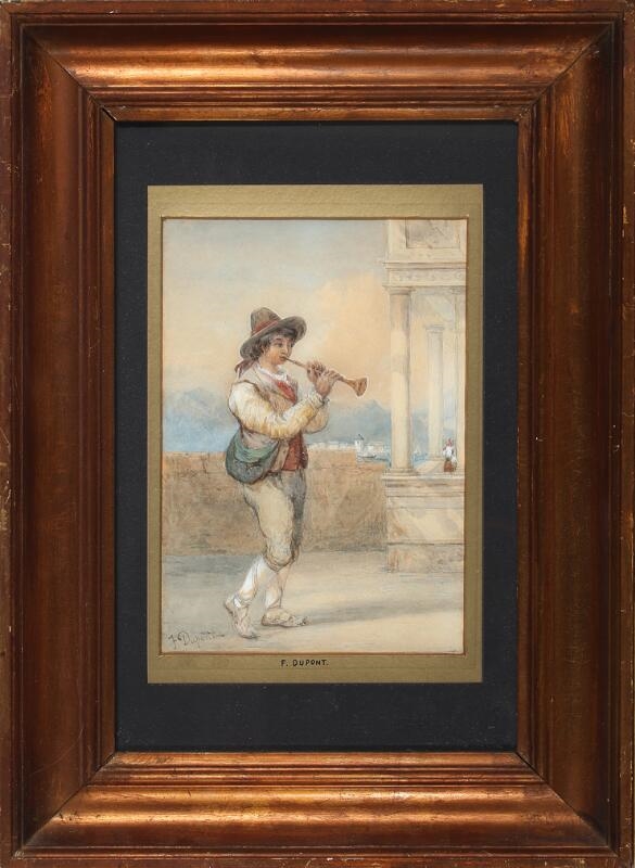 Artwork by J. Dupont, A flute playing Napolitan, Made of Water colour on paper