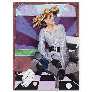A stylized portrait of a seated figure in a monochromatic outfit against a geometric, colorful background.