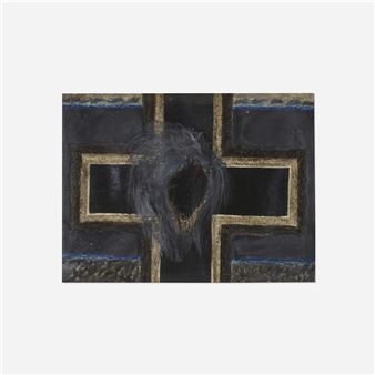 A dark, textured abstract composition featuring a central cross-like structure with a smoky, organic form emerging from its center.