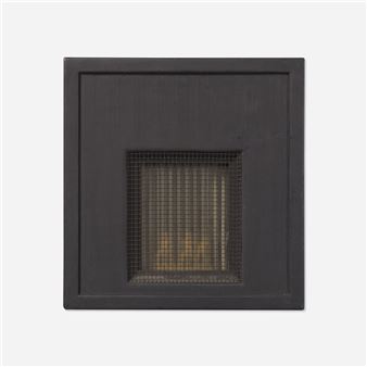 A minimalist black square frame with a central wire mesh revealing a glowing interior.