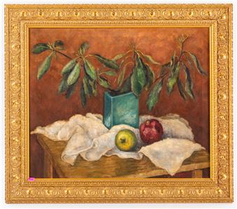 A classic still life painting featuring a green vase with leafy branches, a red fruit, and a yellow apple resting on a white cloth atop a wooden table.