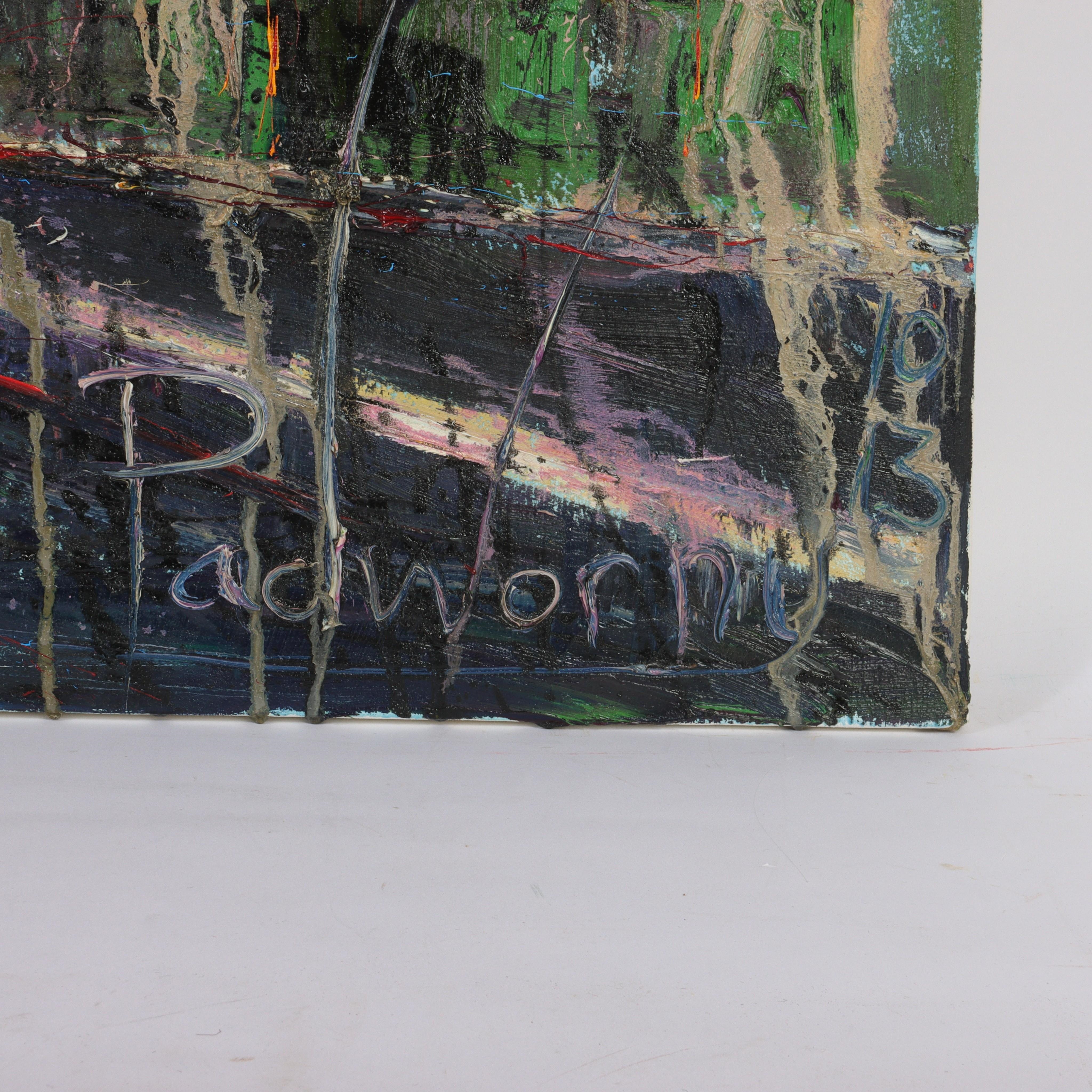 Artwork by David Padworny, New York City street scene with view of river, Made of oil on canvas