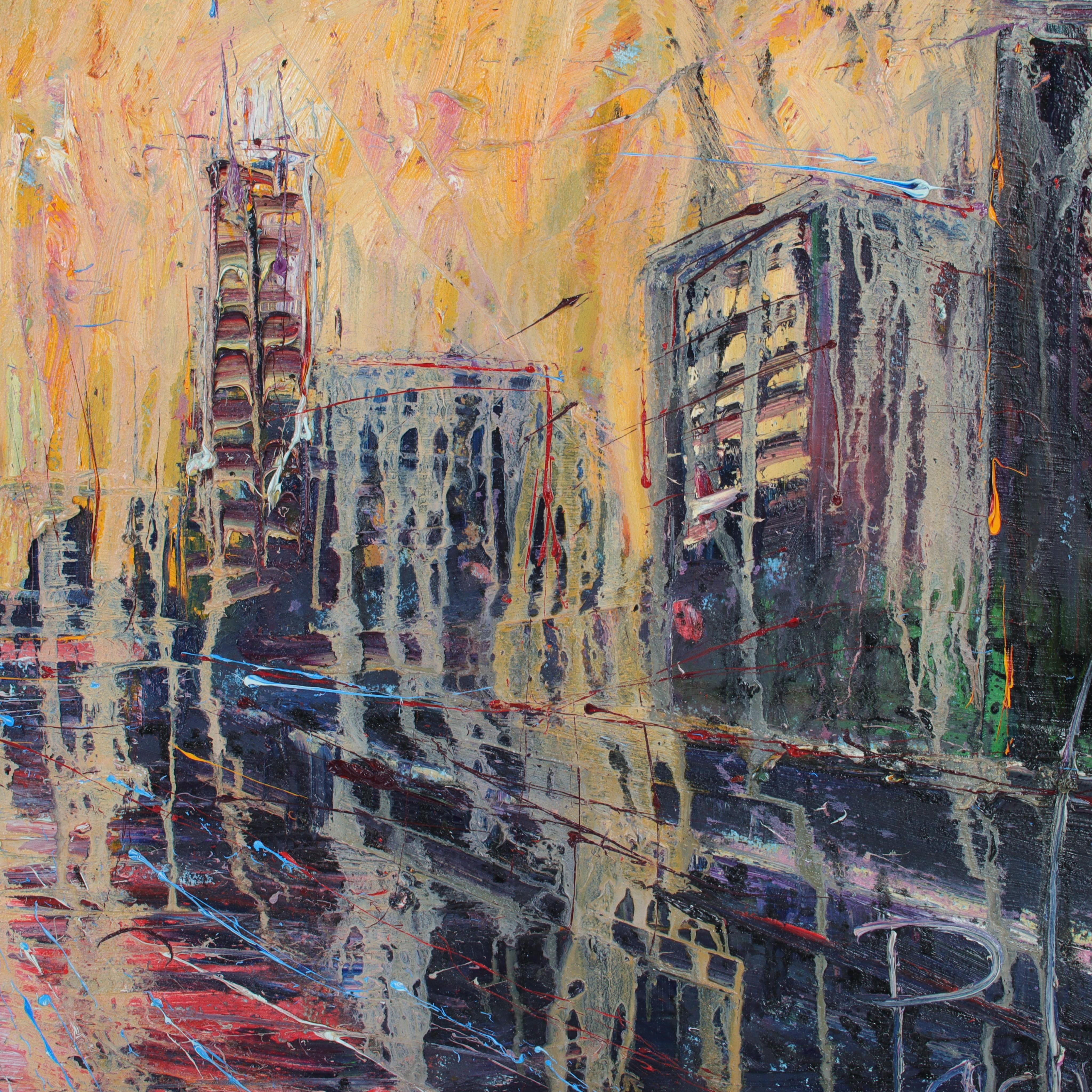 Artwork by David Padworny, New York City street scene with view of river, Made of oil on canvas