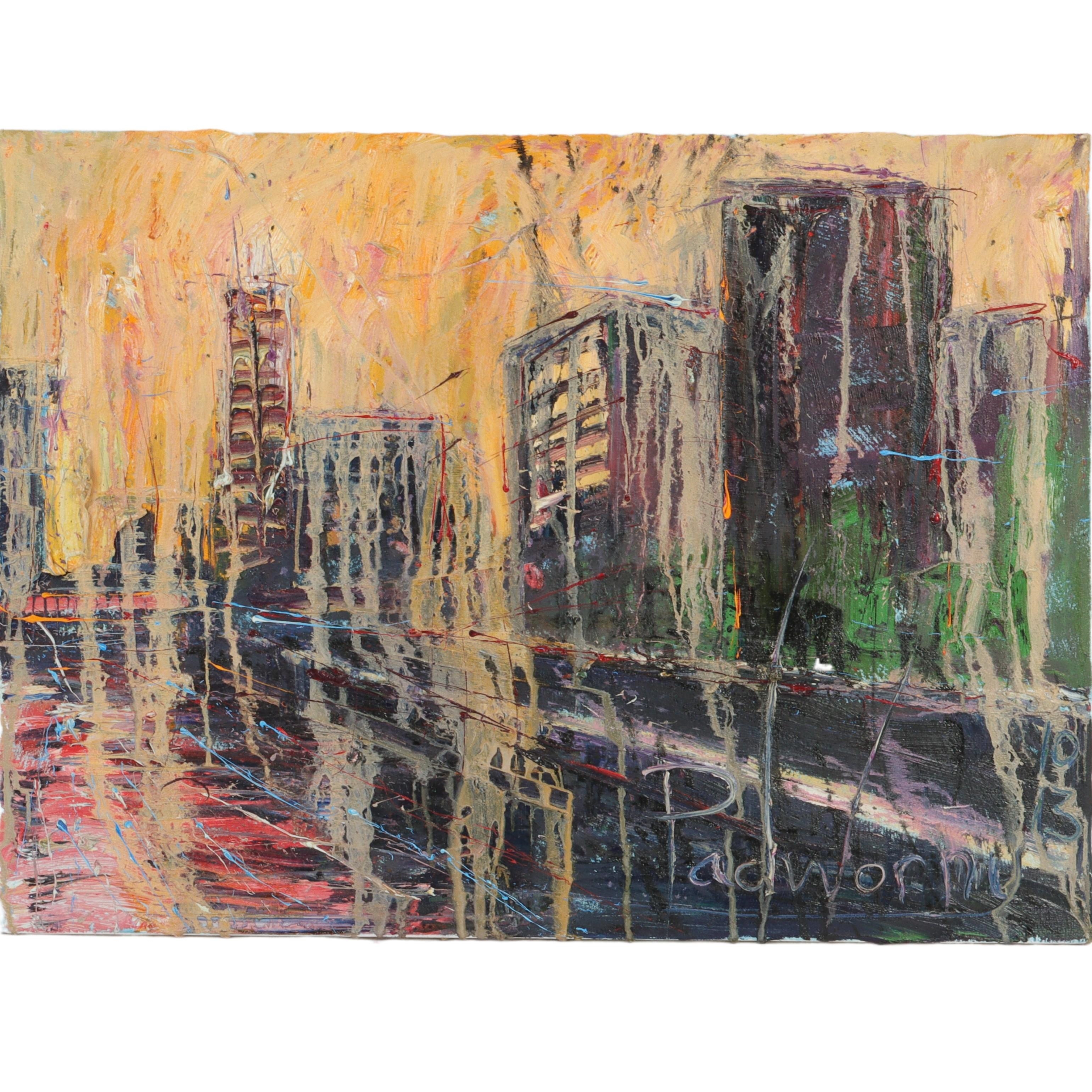 Artwork by David Padworny, New York City street scene with view of river, Made of oil on canvas