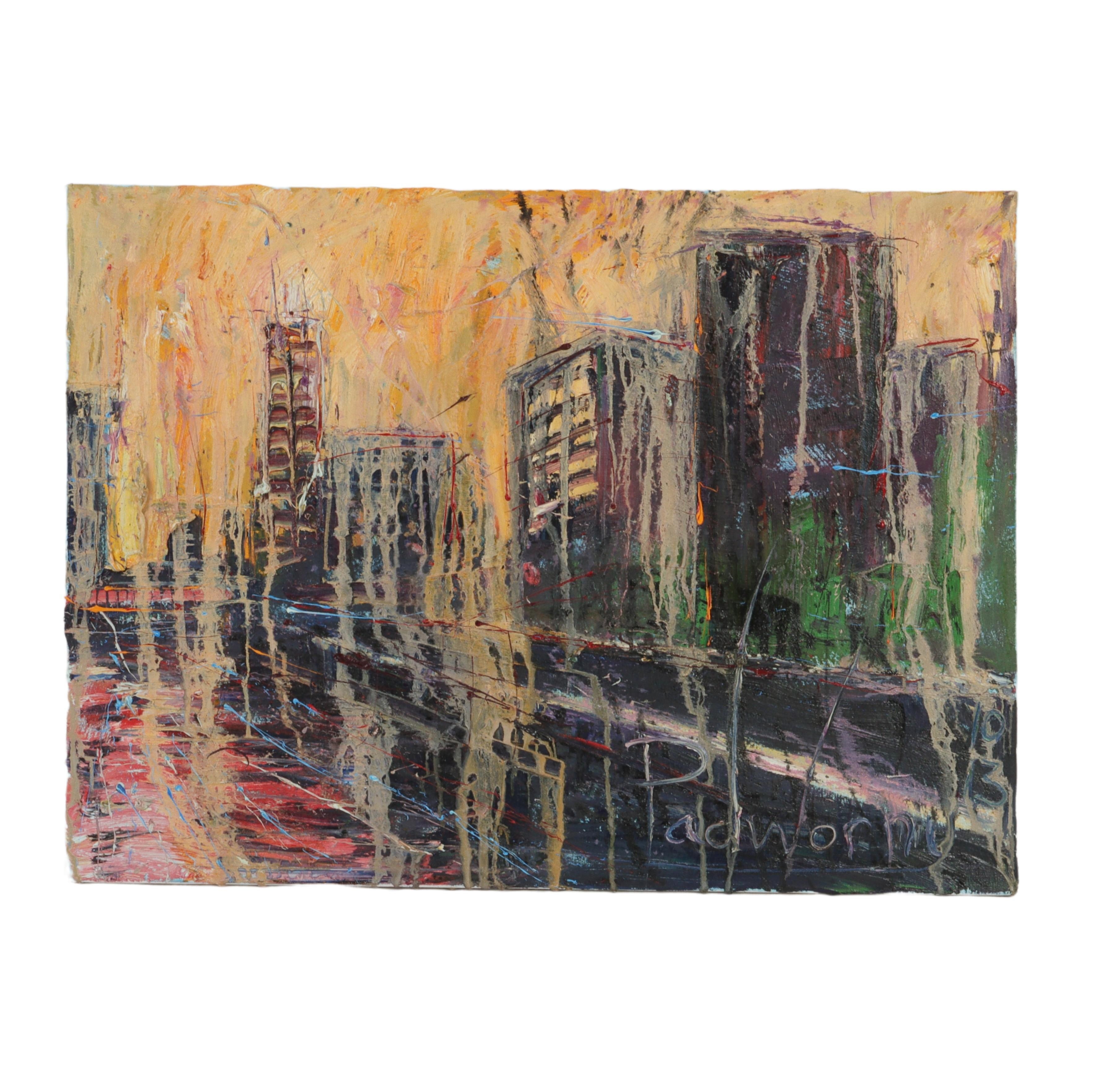 Artwork by David Padworny, New York City street scene with view of river, Made of oil on canvas