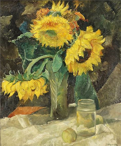 Sunflowers in a glass vase by Bernhard Hergarden, 20th century