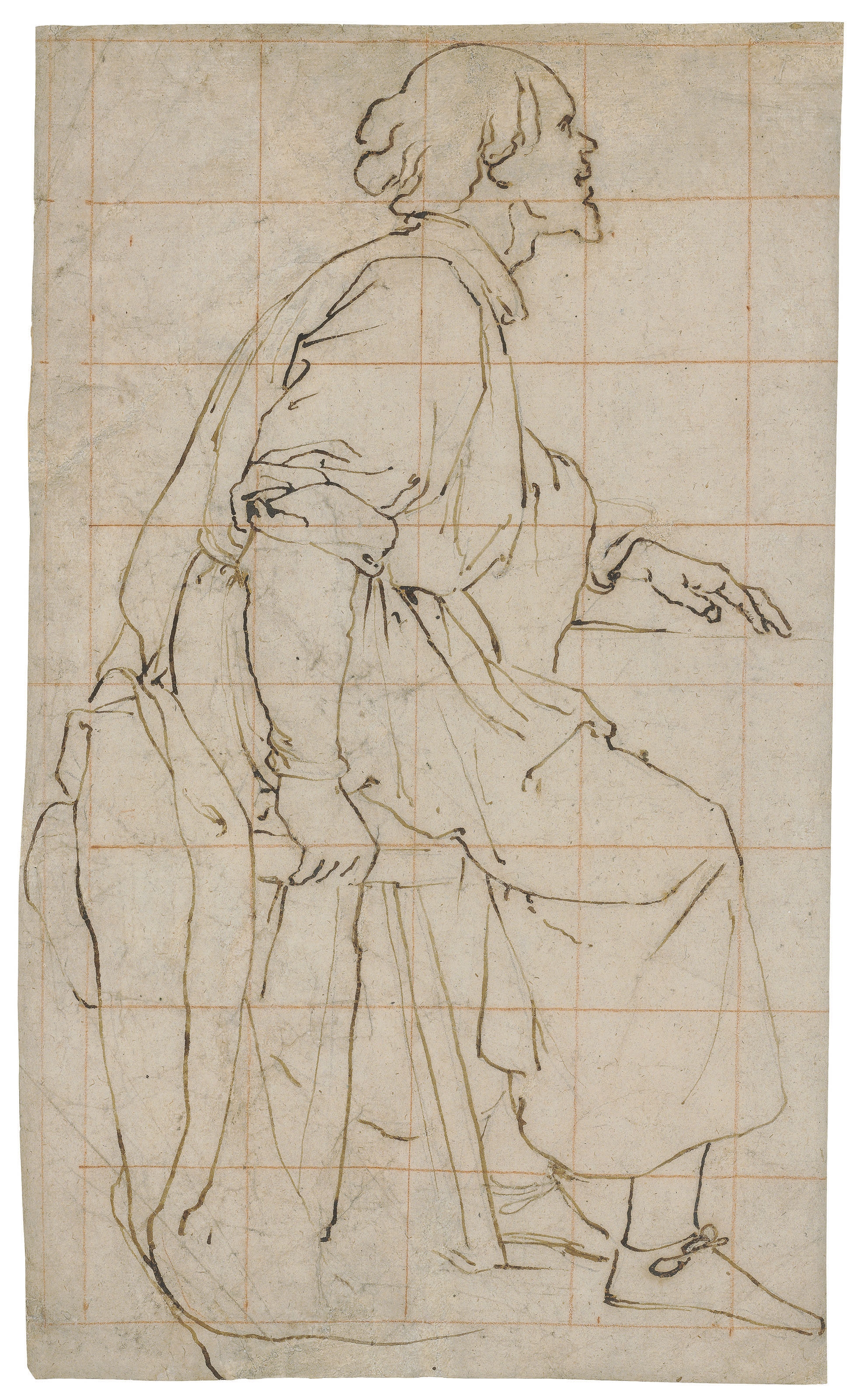 Artwork by Jacopo Chimenti, A man seated on a stool, facing right, Made of pen and brown ink