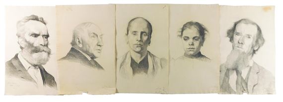 Five unframed portrait drawings