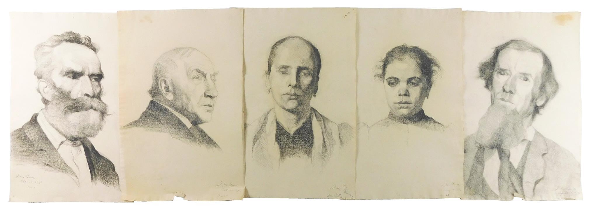 Artwork by Jennie M. Burr, Five unframed portrait drawings, Made of charcoal on paper