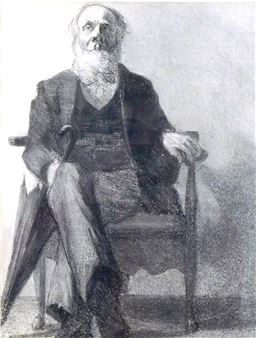 Portrait of seated older gentleman with beard facing viewer, an umbrella leaning across his lap - Jennie M. Burr