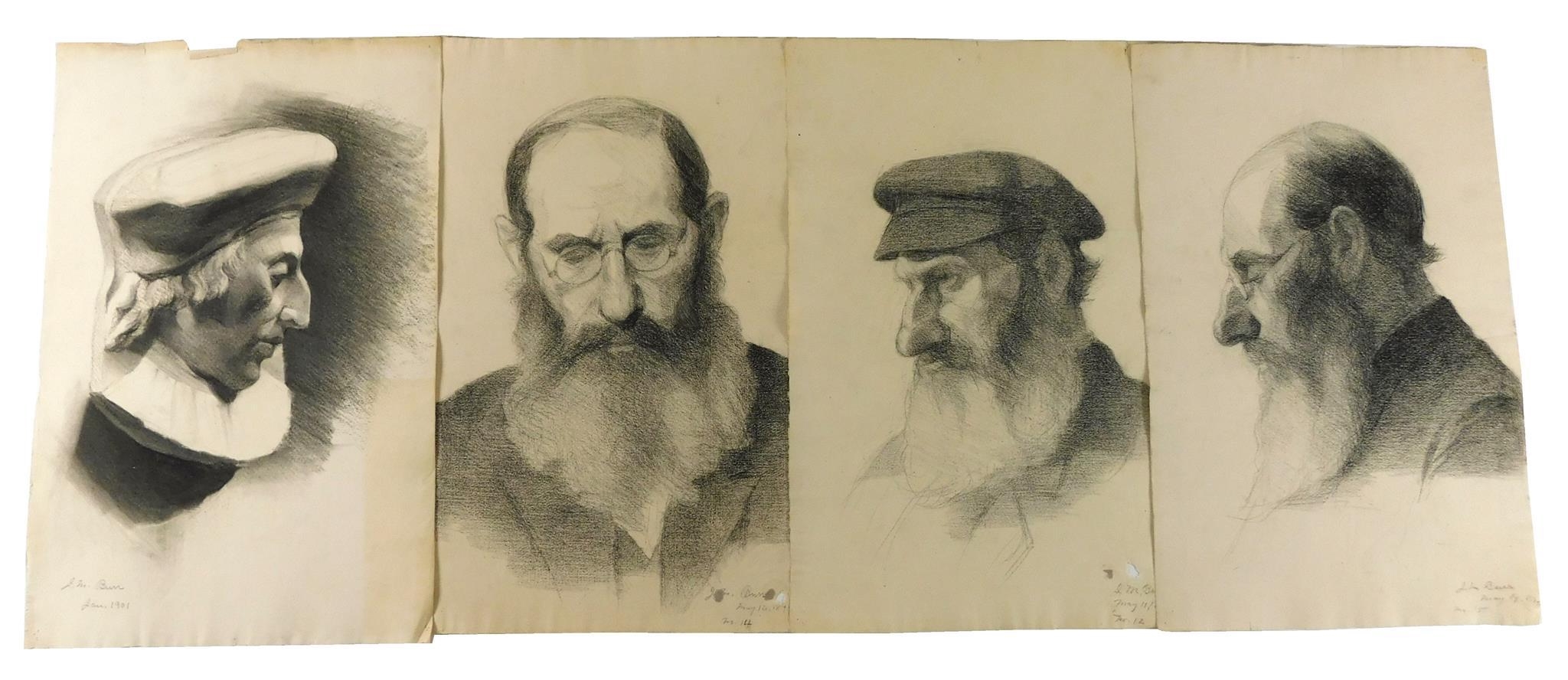 Artwork by Jennie M. Burr, Four unframed portrait drawings, Made of charcoal on paper