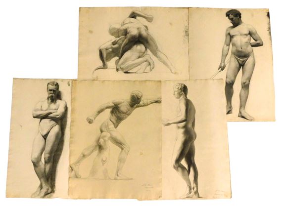 Five unframed figure drawings