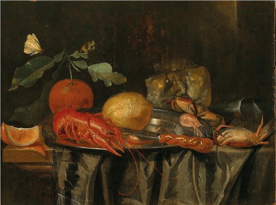 A crayfish and fruit on a silver plate on a partially draped table, by Harmen Loeding