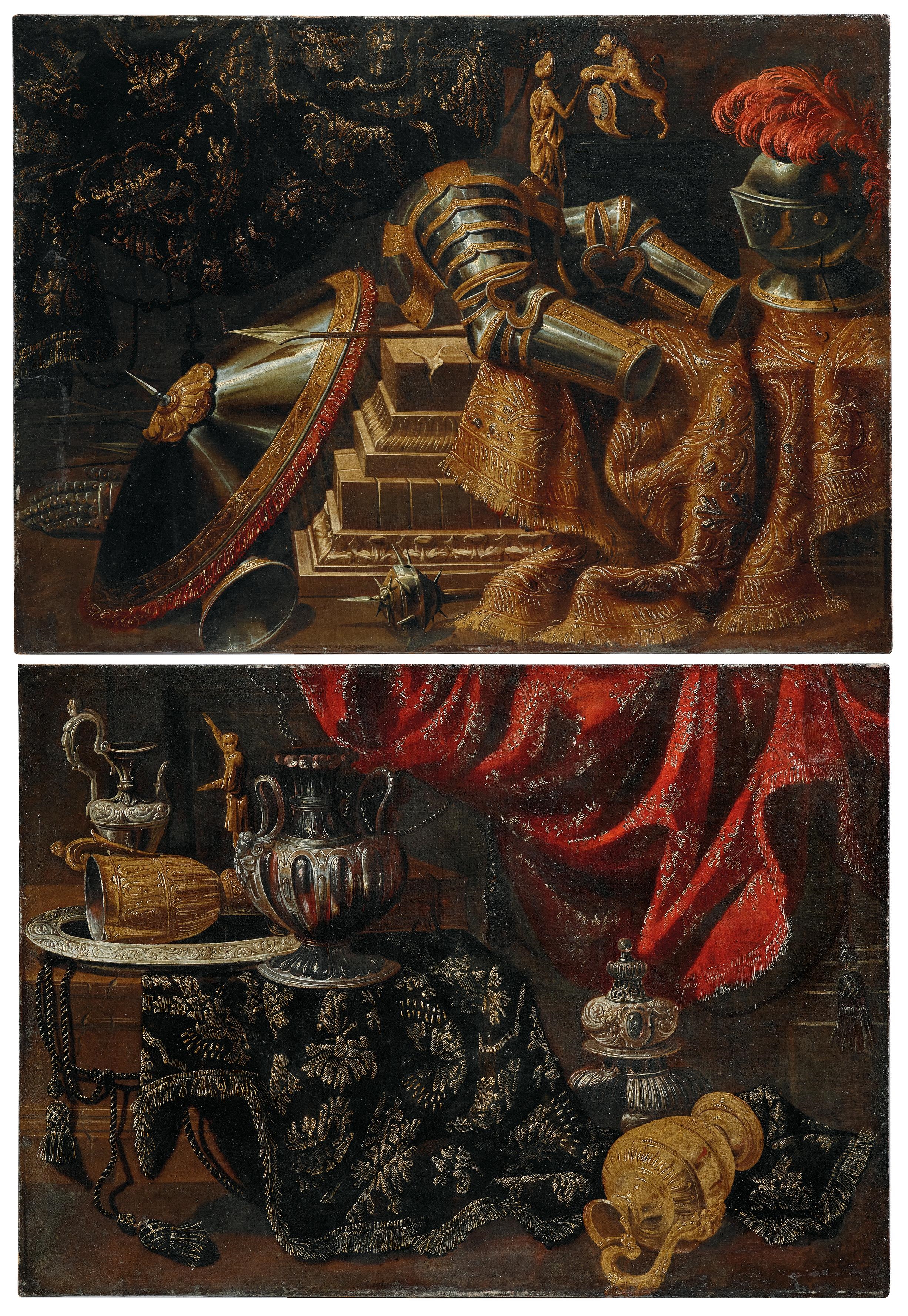 Artwork by Antonio Tibaldi, A plumed helmet, armour and a lance with a bronze statuette and a figured clock on a partly draped ledge, with a mace and propped shield alongside and a curtain beyond; and A metallic pitcher and vases, a platter and a bronze statuette on a partly draped marble ledge, a curtain beyond,, Made of oil on canvas