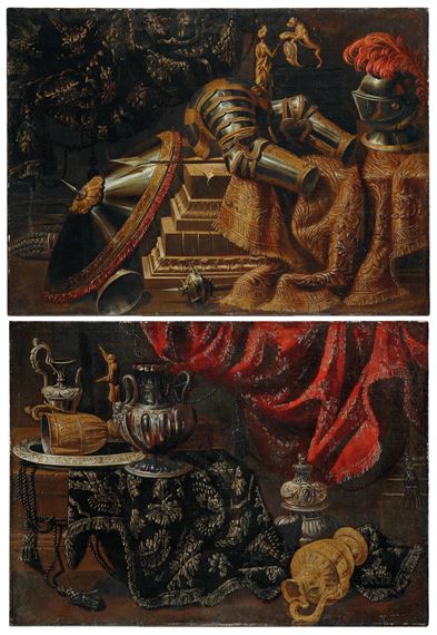 A plumed helmet, armour and a lance with a bronze statuette and a figured clock on a partly draped ledge, with a mace and propped shield alongside and a curtain beyond; and A metallic pitcher and vases, a platter and a bronze statuette on a partly draped marble ledge, a curtain beyond, by Antonio Tibaldi