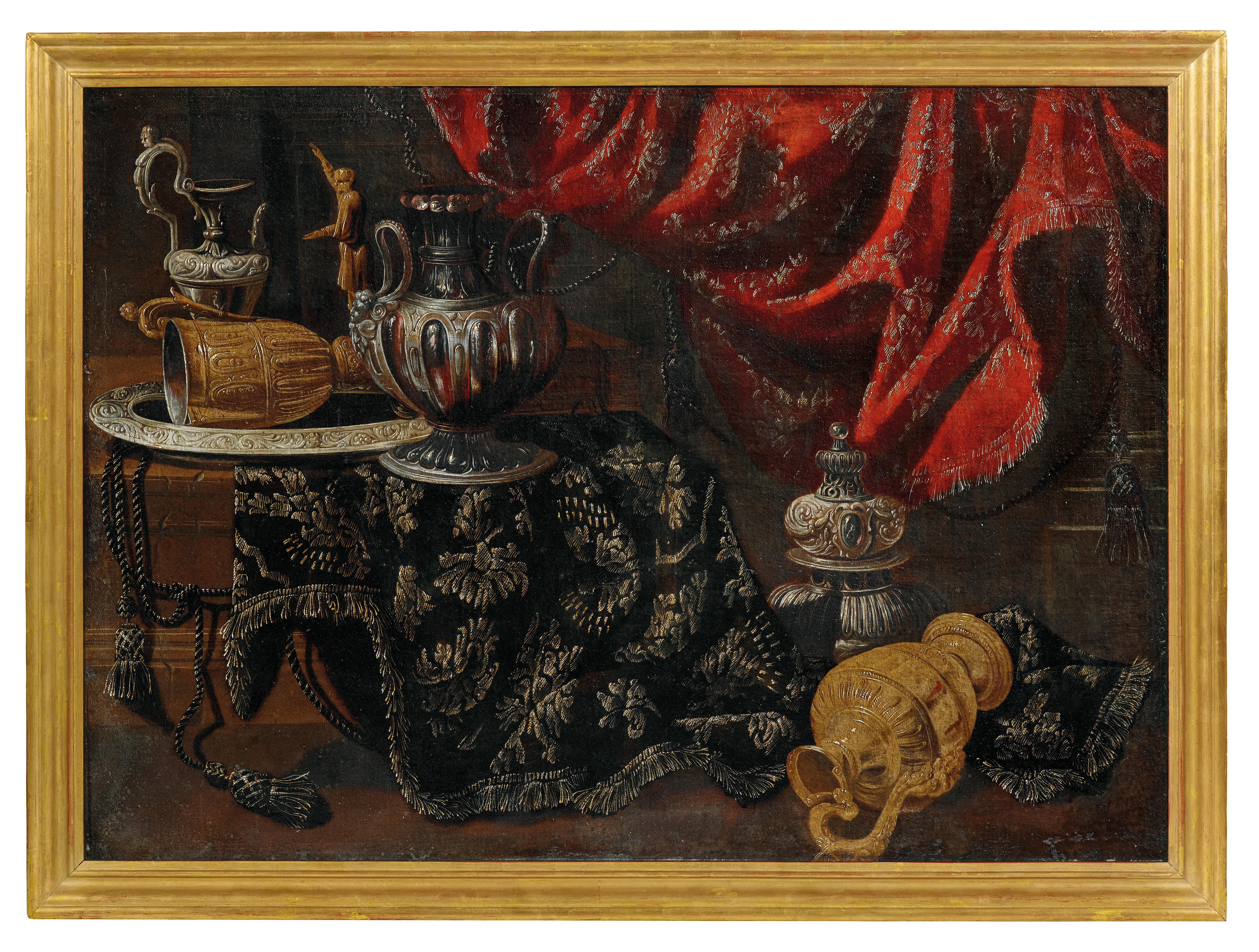 Artwork by Antonio Tibaldi, A plumed helmet, armour and a lance with a bronze statuette and a figured clock on a partly draped ledge, with a mace and propped shield alongside and a curtain beyond; and A metallic pitcher and vases, a platter and a bronze statuette on a partly draped marble ledge, a curtain beyond,, Made of oil on canvas