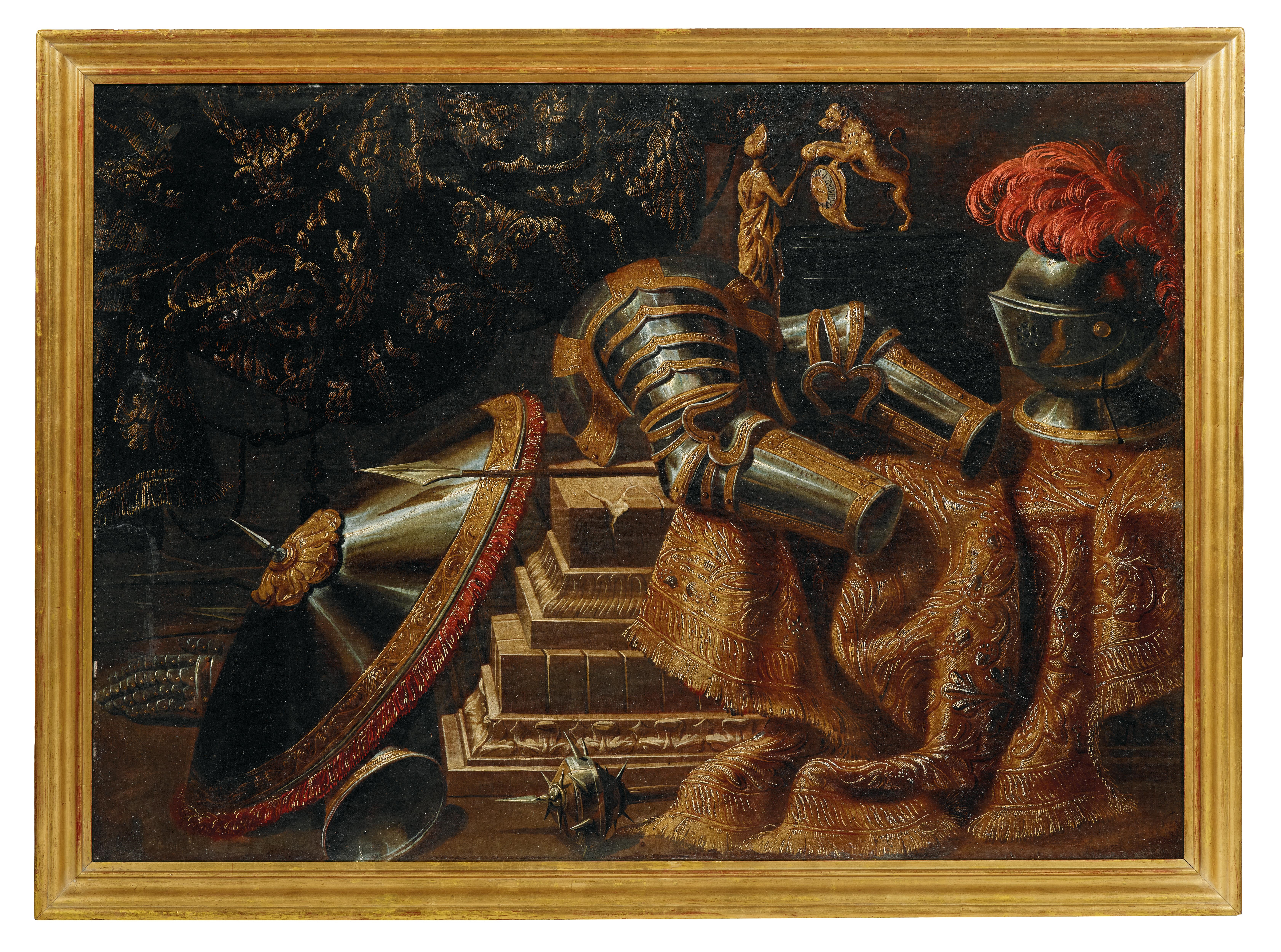 Artwork by Antonio Tibaldi, A plumed helmet, armour and a lance with a bronze statuette and a figured clock on a partly draped ledge, with a mace and propped shield alongside and a curtain beyond; and A metallic pitcher and vases, a platter and a bronze statuette on a partly draped marble ledge, a curtain beyond,, Made of oil on canvas