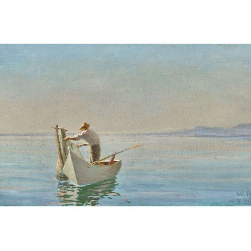 William Röthlisberger | Fischer mit Netz auf einem See. | MutualArt